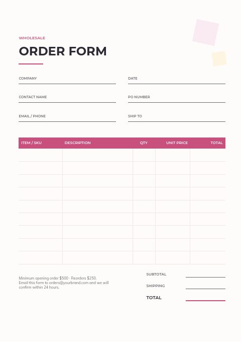 Arts & Crafts — Order form page