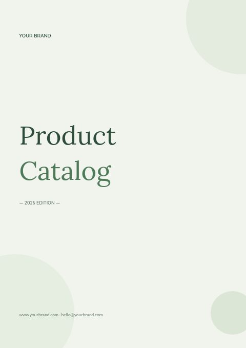 Botanical catalog cover: Product Catalog in green Lora serif on pale sage with soft green circles in the corners