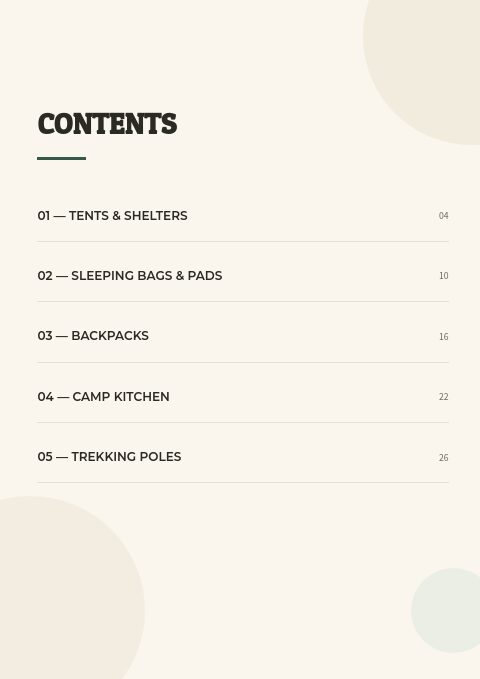 Camping & Hiking — Contents page