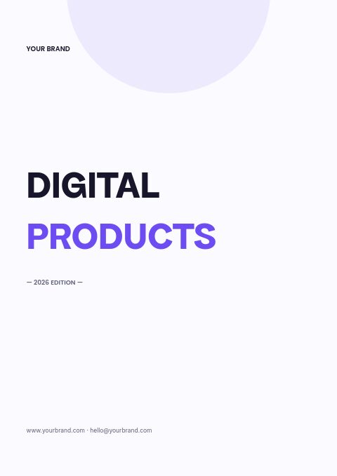 White catalog cover with a large pale lilac circle at the top and Digital Products in black and violet capitals