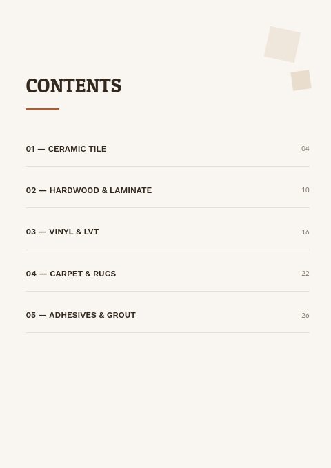 Flooring & Tile — Contents page