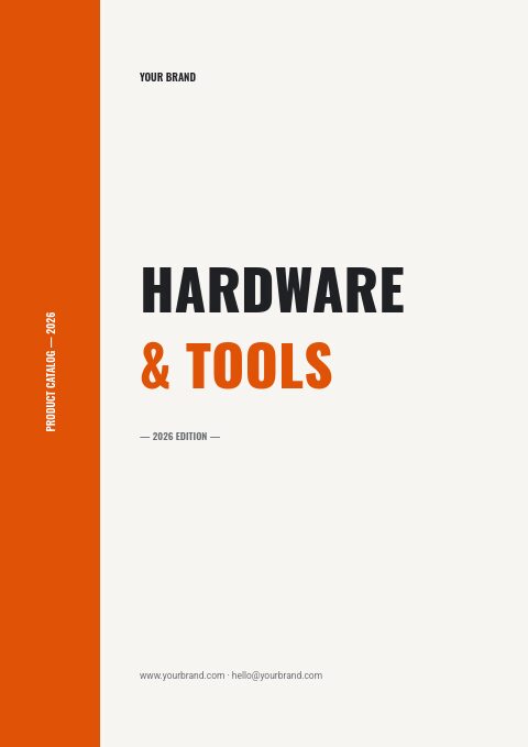 Hardware and tools catalog cover with a safety-orange sideband and a heavy black and orange condensed headline