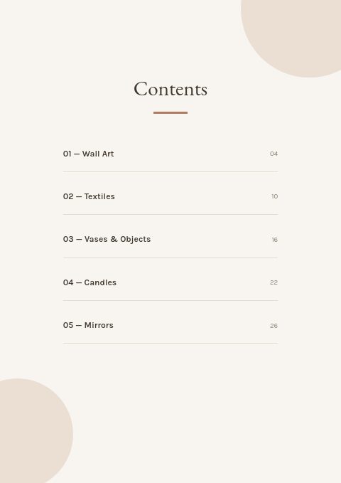Home Decor — Contents page