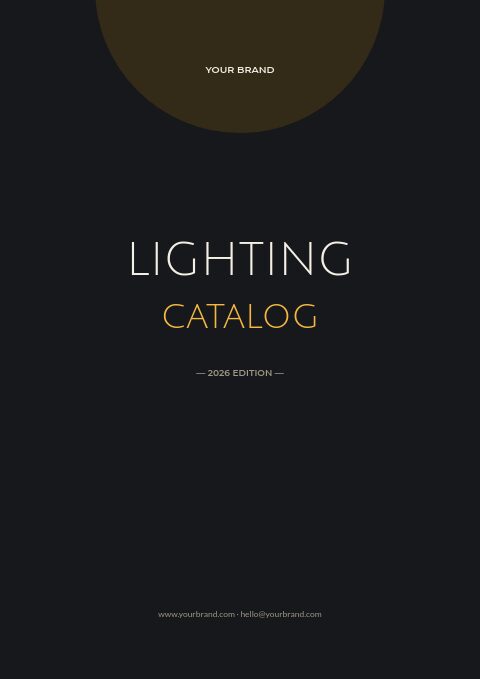 Lighting catalog cover on near-black with a dark-gold half circle at the top, LIGHTING in cream, CATALOG in amber-gold