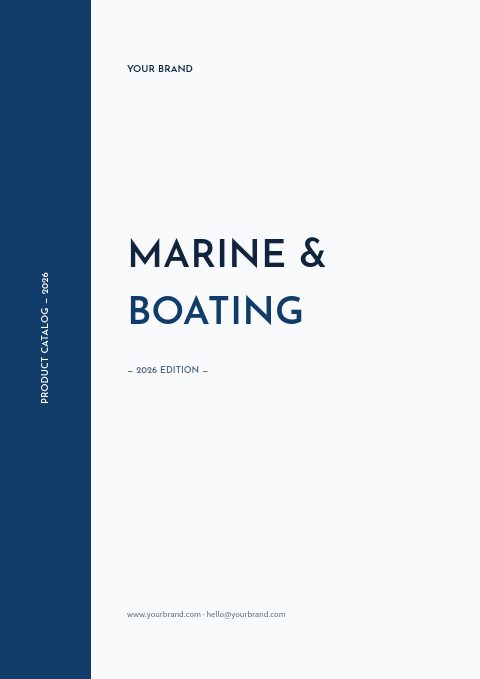 Marine and boating catalog cover with a navy side band, large spaced capitals and a 2026 edition line on white