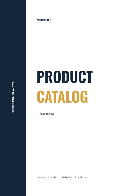 Navy Classic catalog cover: PRODUCT CATALOG in navy and mustard Oswald capitals beside a vertical navy band