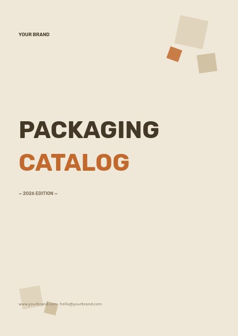 Kraft-brown packaging catalog cover with box-shaped blocks, bold PACKAGING CATALOG lettering and a 2026 edition line