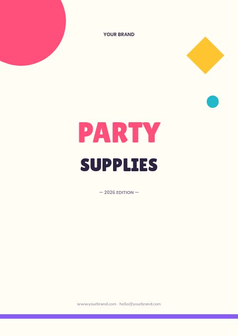 Cream Party Supplies catalog cover with a pink corner circle, a yellow diamond, a teal dot and chunky Lilita One type