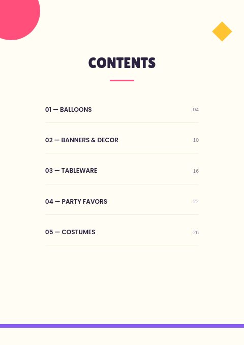 Party Supplies — Contents page