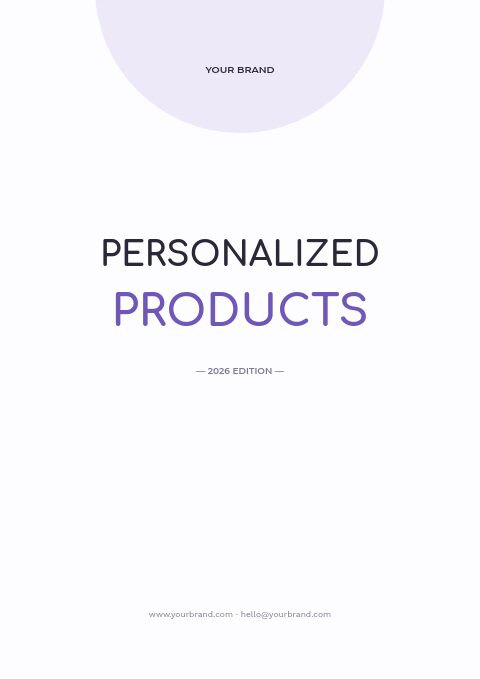 White Personalized Products catalog cover with a pale lilac half-circle, PRODUCTS in violet and rounded Comfortaa type