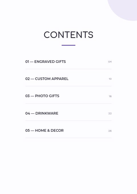 Personalized Products — Contents page