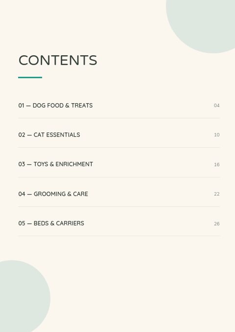 Pet Supplies — Contents page