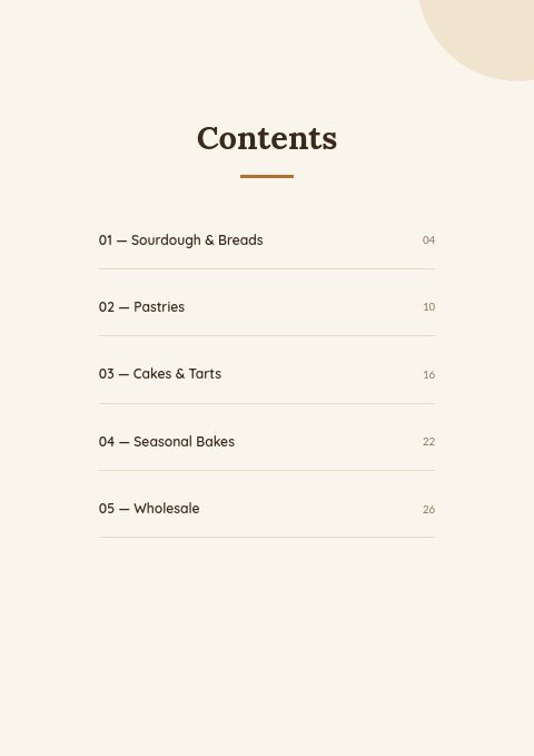 Artisan Bakery — Contents page