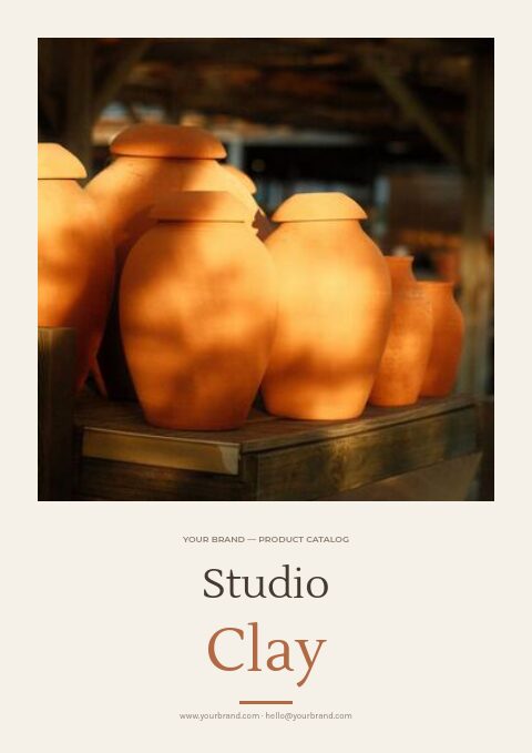 Studio Clay catalog cover with a warm photo of handmade ceramics and a Lustria serif title on cream