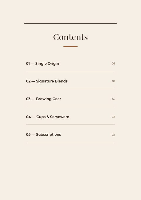 Coffee & Roastery — Contents page
