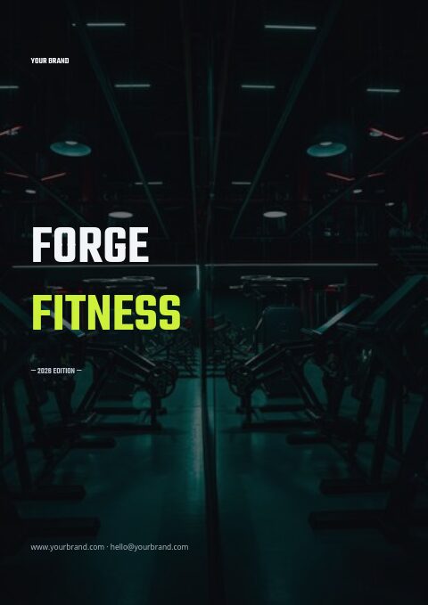 Dark gym photo cover with FORGE in white and FITNESS in volt Teko capitals and a 2026 edition line