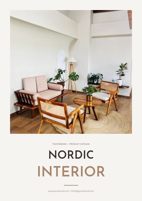 Nordic Interior catalog cover with a framed photo of a bright room, blush sofa, wood chairs and plants above the title