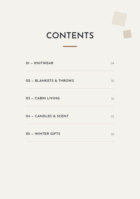 Winter Lodge — Contents page
