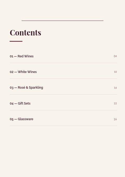 Vineyard & Cellar — Contents page