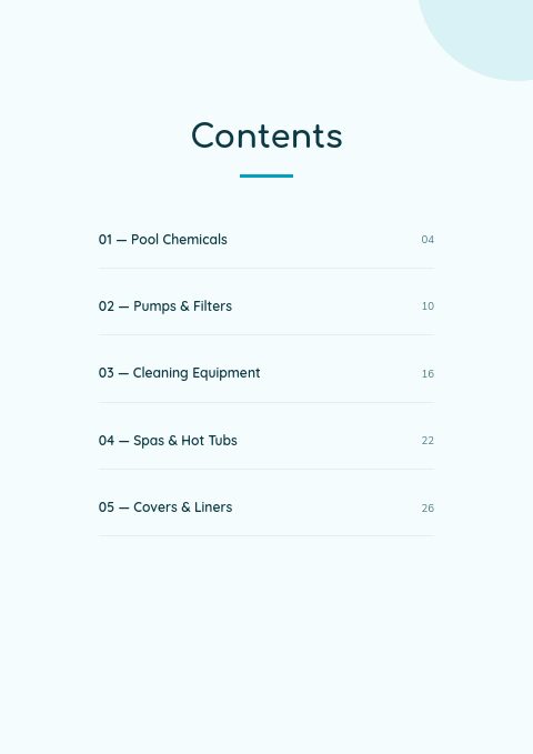 Pool & Spa — Contents page