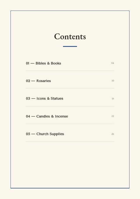 Religious Products — Contents page