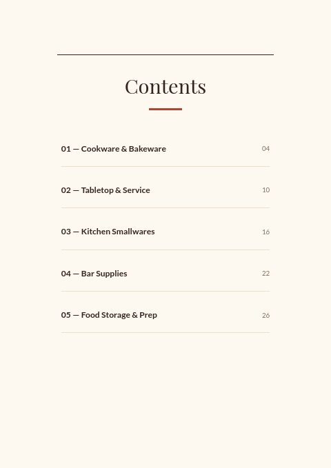 Restaurant Supplies — Contents page