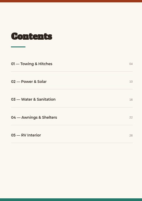 RV & Camping Equipment — Contents page