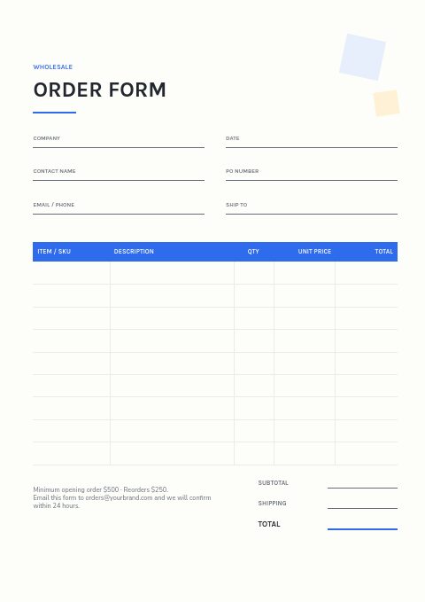 School Supplies — Order form page