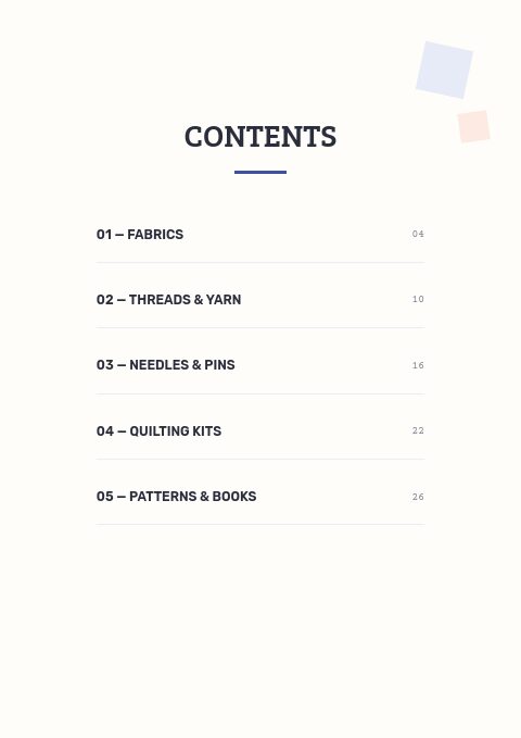 Sewing & Quilting — Contents page