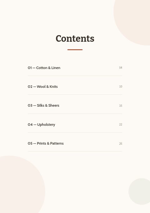 Textiles & Fabrics — Contents page
