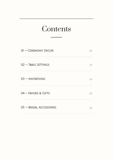 Wedding Supplies — Contents page